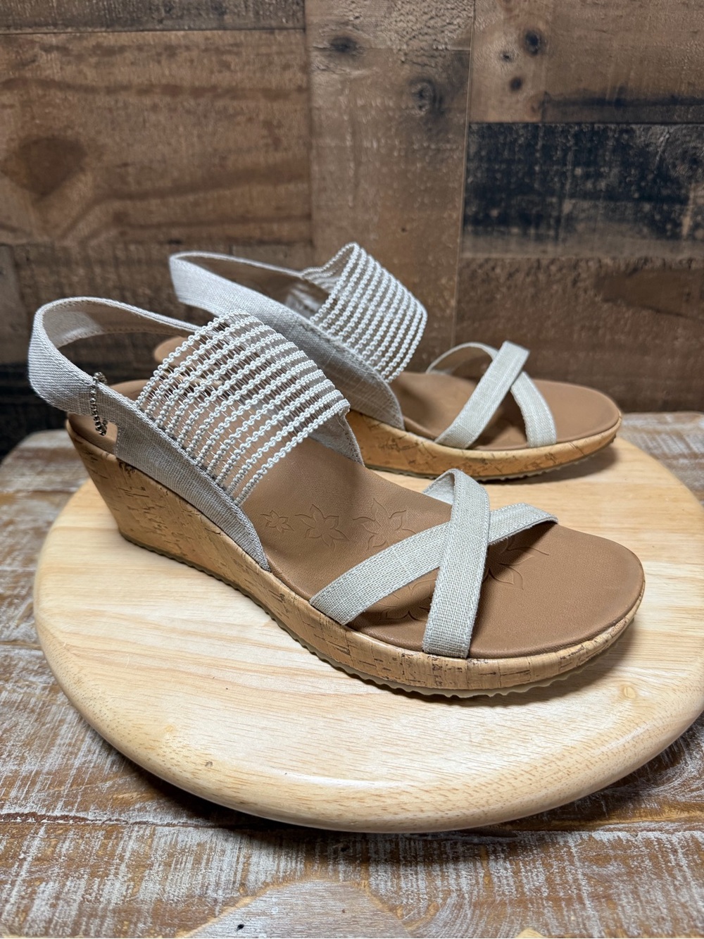 Skechers Beverlee High Tea Women’s 10 Natural Cork Wedge Sandals 31723 NAT